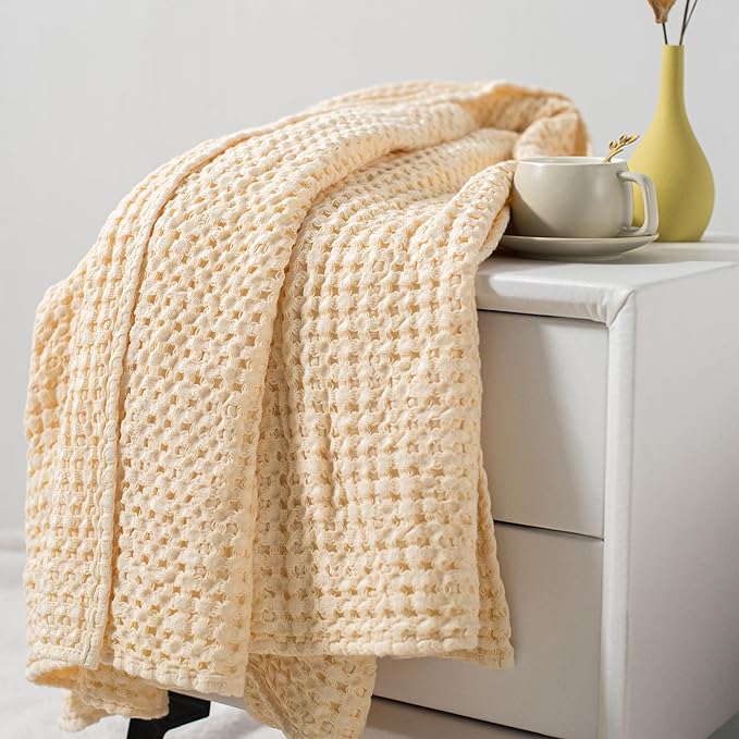 Carriediosa 100% Cotton Waffle Weave Blanket 400GSM Breathable Thermal Blankets for Bed Couch Sofa Soft and Cozy Throws for All Season Home Decor, 50"X 60" Light Yellow-StrideForce Fitness
