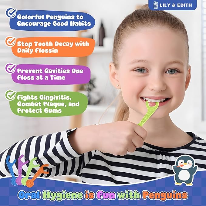 LILY & EDITH Straw Wheat Kids Flossers 160ct, Plant Based Dental Floss Picks for Children, Fluoride & Chemical Free(PFA Free), Penguin Flossing Sticks for Toddler, Paper Package, Unflavored