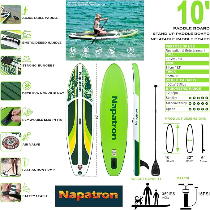 Napatron Family Inflatable Stand Up Paddle Board, Sup,Stable Wide Design,350LBS Capacity,Complete Paddle Board Package with Fast Action Pump,Leash,Ideal for Beginners/Youth & AllSkill Levels-StrideForce Fitness