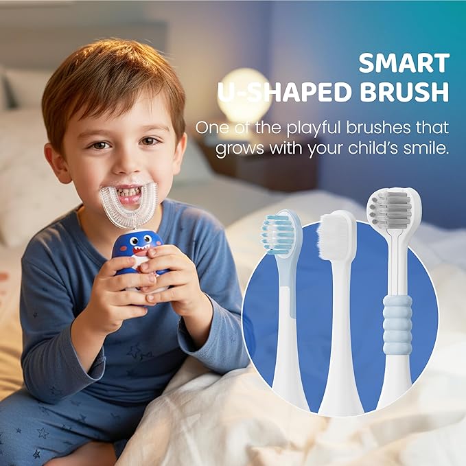 Well Before Kids U Shaped Electric Toothbrush with 5 Brush Heads, Ultrasonic, 5 Modes, IPX7 Waterproof Design (Shark, Grey Ages 2-7)