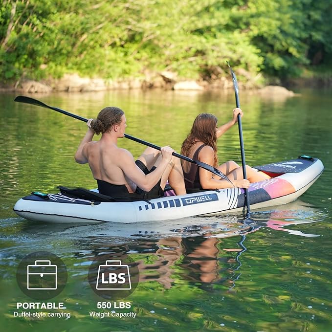 UPWELL 13'6”/11' Inflatable Recreational Kayak - 2 Person with Drop Stitch Floor and Accessories Including Kayak Seats with High Back Support, Paddle, Fin, Repair Kits, Carry Bag and Hand Pump-StrideForce Fitness