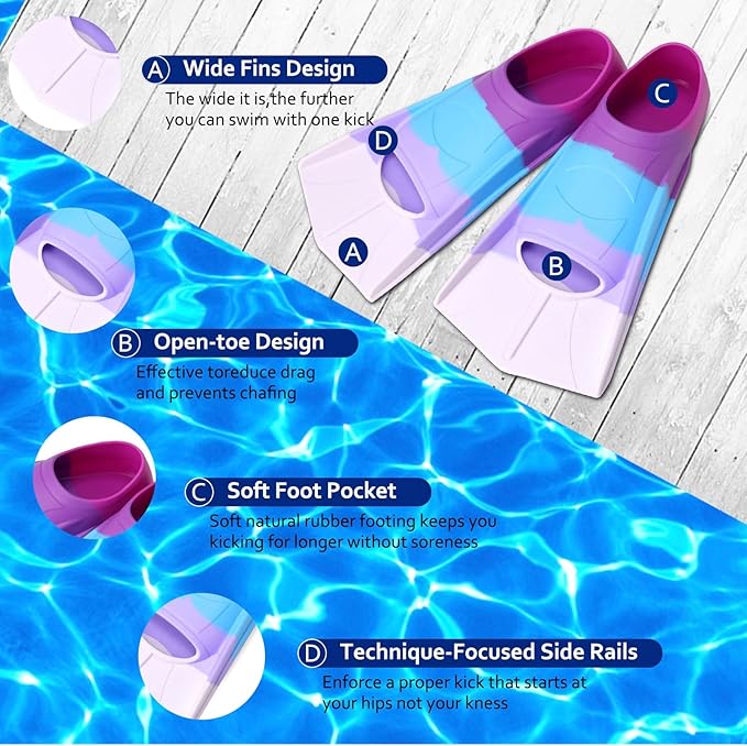 Kids Swim Fins,Short Kids Fins Youth Swimming Flippers for Lap Swimming Training for Children Girls Boys Beginners-StrideForce Fitness