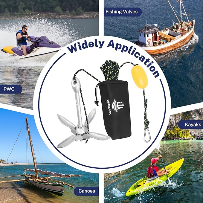 Dreizack Kayak Anchor Kit, 3.5 lb Folding Grapnel Boat Anchor Trolley Accessories with 40ft Rope and PVC Buoy for Fishing Kayaks SUP Paddle Boards Canoes Jet Ski PWC Inflatable Small Boats-StrideForce Fitness