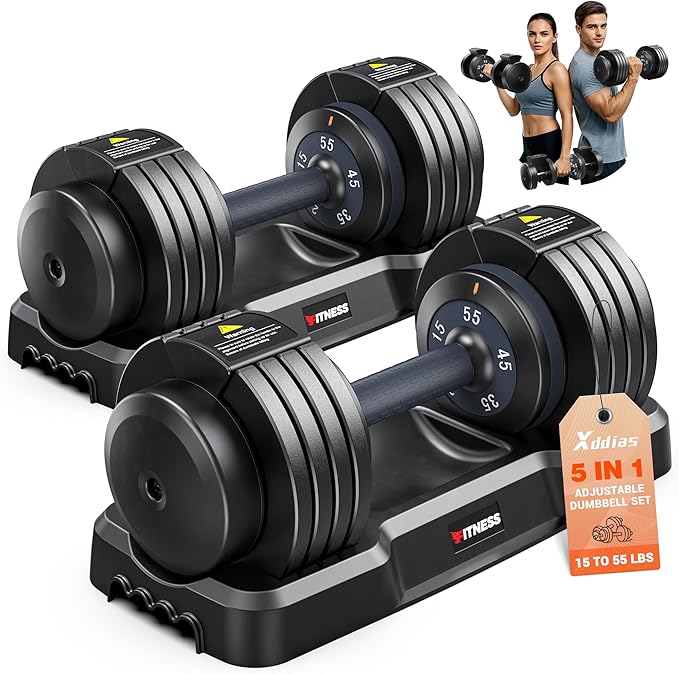 XDDIAS Adjustable Dumbbell Set of 2, 25/55/80LB Dumbbell Set-1Sec Adjustable Weights-5/10 in 1 Free Weights Dumbbells Set with Effortless Tray/No-Slip Handle-Compact Size for Women/Men at Home Gym-StrideForce Fitness