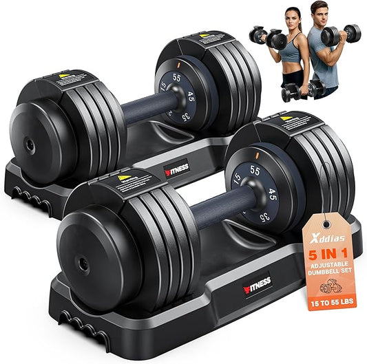 XDDIAS Adjustable Dumbbell Set of 2, 25/55/80LB Dumbbell Set-1Sec Adjustable Weights-5/10 in 1 Free Weights Dumbbells Set with Effortless Tray/No-Slip Handle-Compact Size for Women/Men at Home Gym-StrideForce Fitness