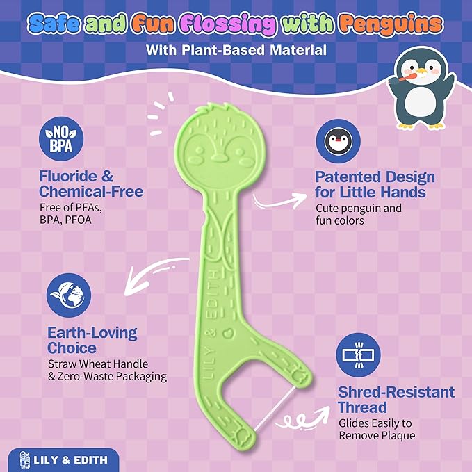 LILY & EDITH Straw Wheat Kids Flossers 160ct, Plant Based Dental Floss Picks for Children, Fluoride & Chemical Free(PFA Free), Penguin Flossing Sticks for Toddler, Paper Package, Unflavored