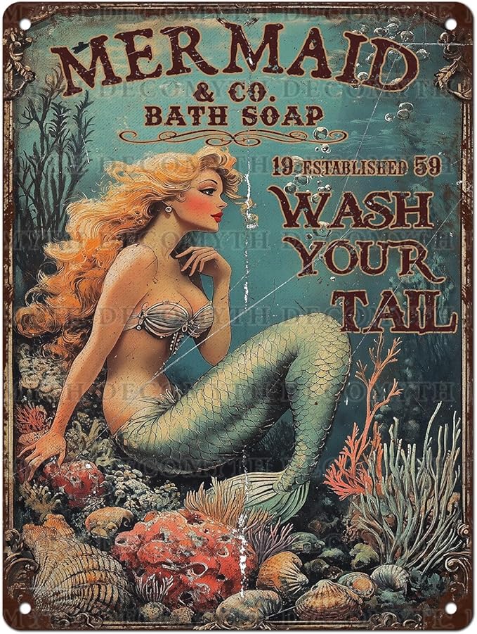 Retro Mermaid Tin Sign Wash Your Tail Vintage Metal Poster Funny Bath Soap Wall Art Toilet Bathroom Man Cave Bar Cafe Indoor Living Room Garage 12 * 16inch-StrideForce Fitness