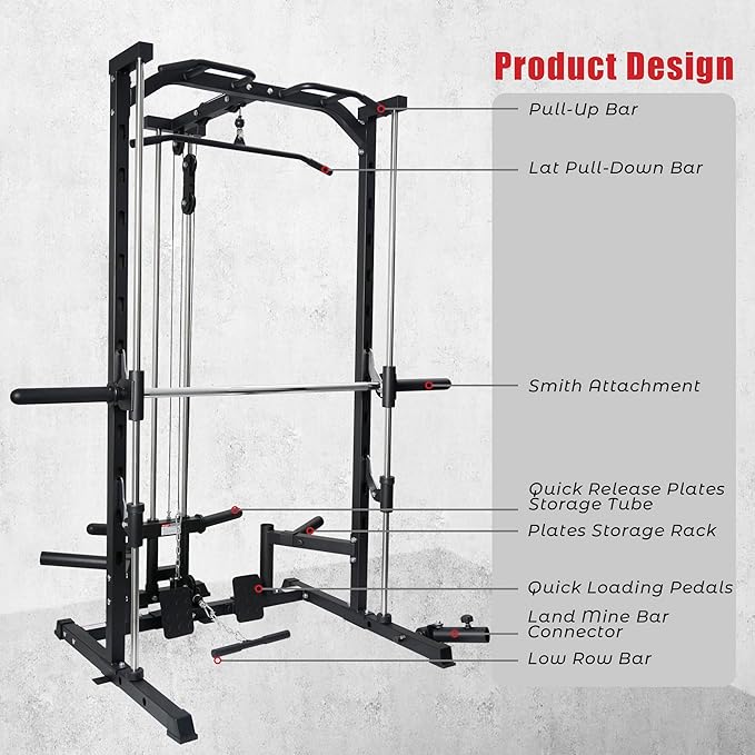 RitFit Smith Machine Power Rack with LAT-Pull Down System, Landmine, Barbell Bar, Plate Storage Pegs and More Training Attachment-StrideForce Fitness