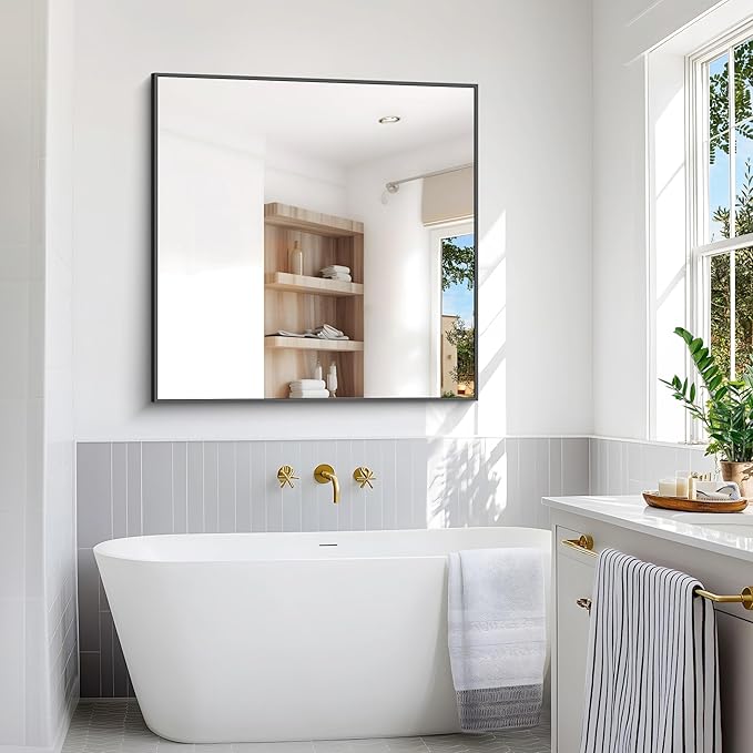 Bathroom Mirror,48x48 inch Large Wall Mirror for Bathroom Wall Mounted,Black Rectangle Wall Mirrors,Square Mirror for Living Room,Farmhouse, Bedroom Entryway, Horizontal/Vertical-StrideForce Fitness