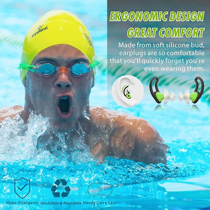 Hearprotek [2 Pairs] Ear Plugs for Swimming,Swim Ear Plugs Adults-Waterproof Silicone Water earplugs for Men Women Juniors Swimmers Pool Shower Bathing (Green)-StrideForce Fitness