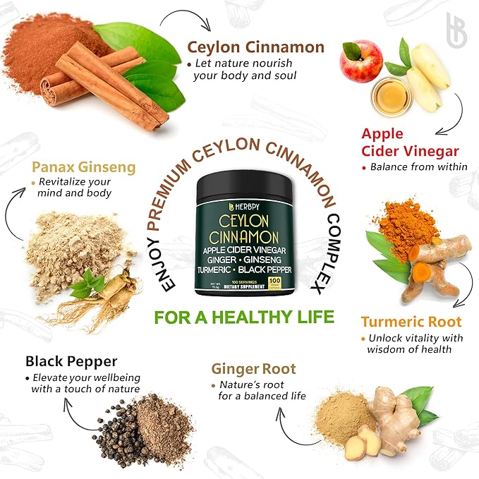 6in1 Premium Ceylon Cinnamon Supplement Plus Apple Cider Vinegar, Turmeric, Ginger, Ginseng - Weight Management, Digestion - 100 Vegan Capsules-StrideForce Fitness
