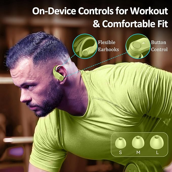GOLREX Active Noise Cancelling Ear Buds Wireless Earbuds Bluetooth Headphones with 80H Playtime LED Display Wireless Charging Case, Over-Ear Hooks Earbud for Sports Running Gym Workout Yellow Green-StrideForce Fitness