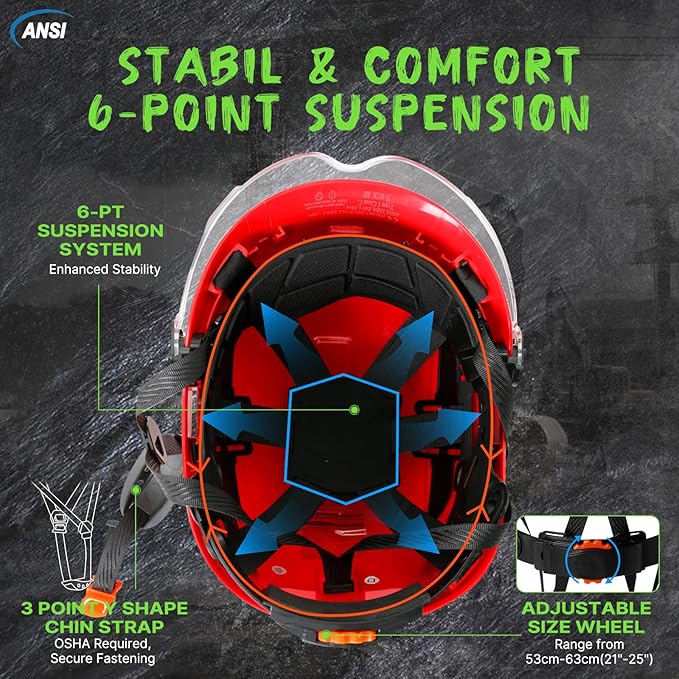 AOLAMEGS Hard Hats Construction OSHA Approved - ANSI Z89.1 Red Safety Hardhats, High Impact ABS Hardhat, Adjustable Vented Construction Worker Hat with Clear Visor, Cascos de Construccion-StrideForce Fitness