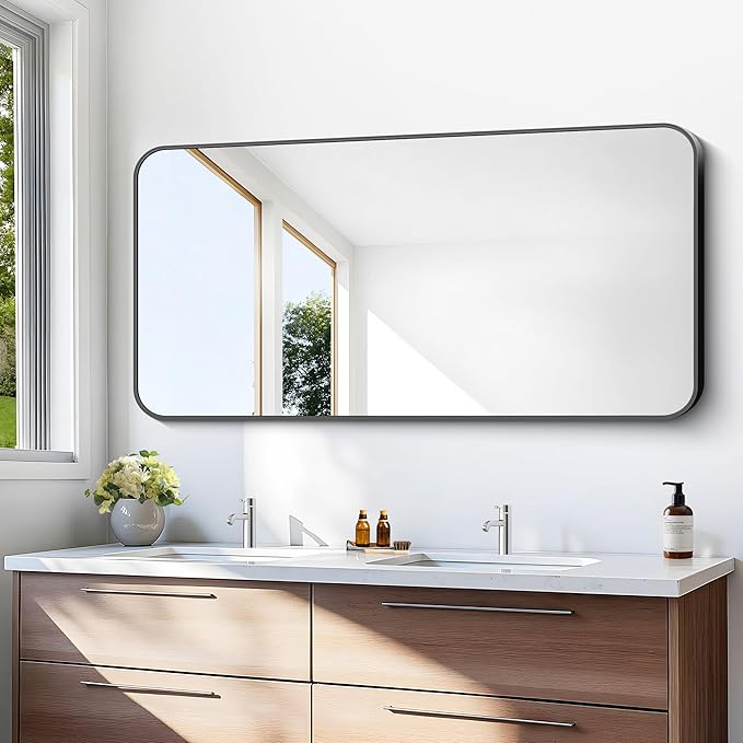24x48 inch Bathroom Mirror,Black Rectangle Mirror,Wall Mounted Bathroom Frame Vanity Mirror with Round Corner for Bedroom Living Room, Entryway Hangs Horizontal or Vertical-StrideForce Fitness