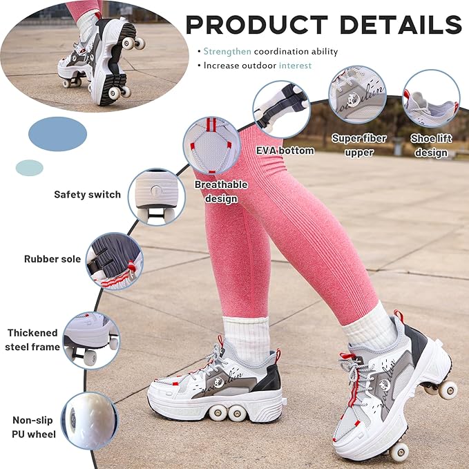 Roller Skate Shoes for Women Four Rounds Children's Roller Skates Shoes That Turn into Rollerskates Sneakers Outdoor Light Shoes with Wheels for Girls/Boys-StrideForce Fitness