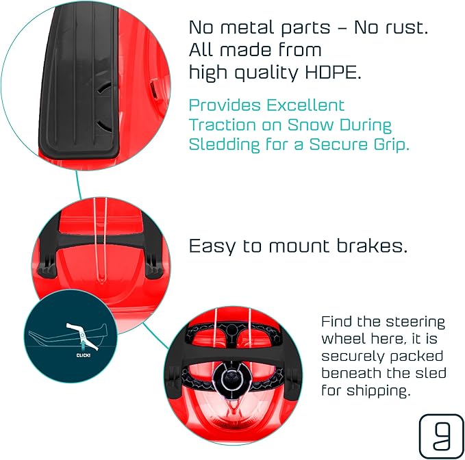 Snow Sled for Kids, Adults - Toboggan Sled, Easy Turning Steering Wheel, Anti-Slip Seat, Pull Up Brake, Durable Plastic Sled, Lightweight, Snow Sleds, Age 3+ 260 lbs-StrideForce Fitness