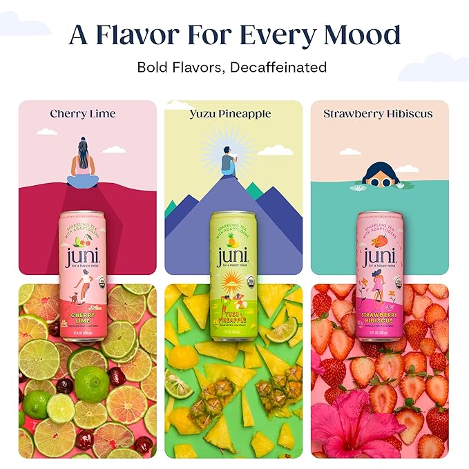 Juni Sparkling Adaptogen Drink with Ashwagandha, Lion’s Mane & Reishi Mushrooms | Green Tea for Focus, Zero Sugar, 5 Calories | Decaffeinated, Non Alcoholic Drinks - Cherry Lime 12 pack-StrideForce Fitness