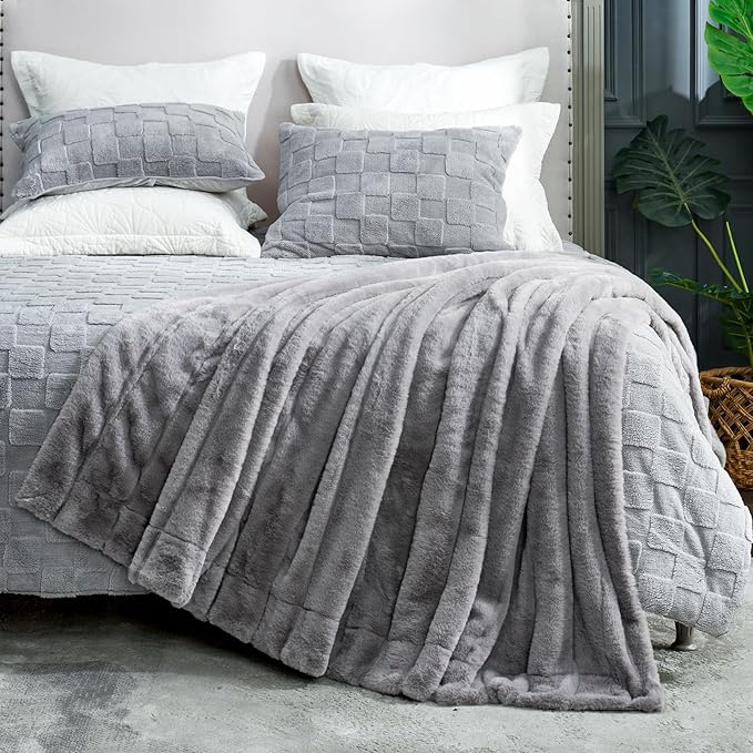 Cozy Bliss Faux Fur Throw Blanket for Couch, Cozy Warm Plush Striped Blanket for Sofa Bedroom Living Room, 90 * 90 Inches Grey-StrideForce Fitness