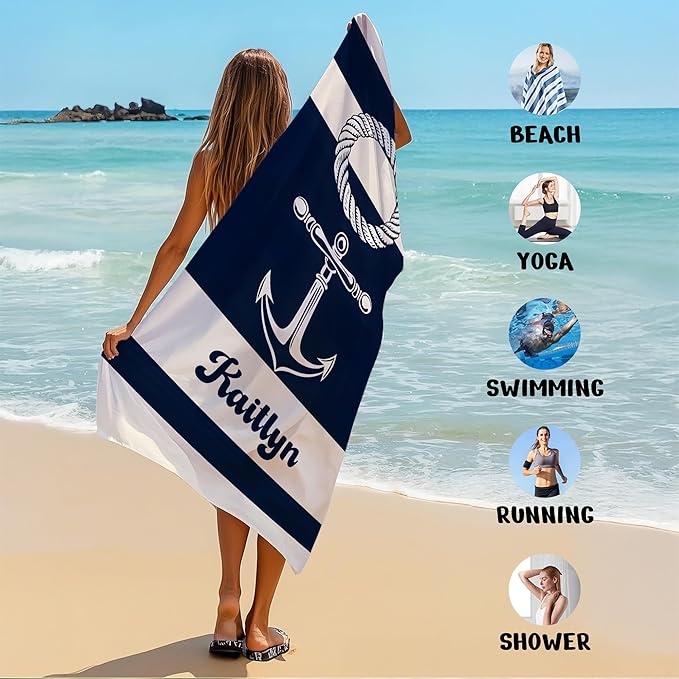 JML Personalized Beach Towel with Name, Custom Anchor Beach Towel, Customized Microfiber Pool Towel, Quick Dry & Absorbent Swim Towel for Adult,Mother's Day, Birthday, Summer Holiday,Vacation-StrideForce Fitness