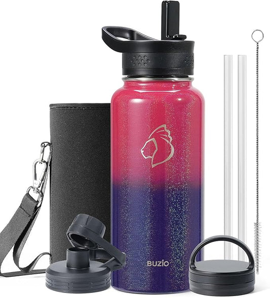 BUZIO 32 oz Water Bottle Insulated with Straw & 3 lid and Carrying Pouch, Leak Proof Anti-Slip Stainless Steel Water Flask Jug, Cold for 48 Hrs Double Vacuum Thermo Canteen, Pearlescent Red Black-StrideForce Fitness