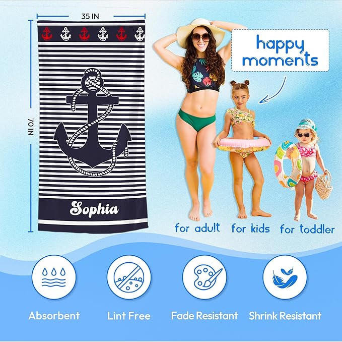 JML Personalized Beach Towel with Name, Custom Anchor Beach Towel, Customized Microfiber Pool Towel, Quick Dry & Absorbent Swim Towel for Adult,Anniversary, Birthday, Summer Holiday,Vacation-StrideForce Fitness