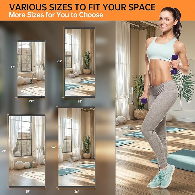 Hasipu 71''x31'' Home Gym Mirror Large Full Length Wall Mounted Full Body Mirror for Yoga Dance Fitness Exercise Studio Bedroom Garage, Frameless Tempered Glass Workout Mirrors Black Rectangular-StrideForce Fitness