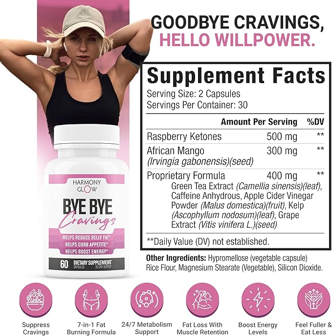 Harmony Glow: ByeBye Cravings - Weight Loss Pills for Women & Powerful Appetite Support | 7 Research Backed Ingredients for Diet Results, Stamina, Energy & Shed Fat - 60 Caps for Adults-StrideForce Fitness