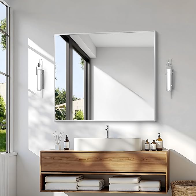 Silver Bathroom Mirror,30x36 inch Wall Mirror for Bathroom Wall Mounted,Rectangle Mirror for Bathroom Over Sink,Modern Metal Frame for Living Room,Bedroom Entryway,Horizontal/Vertical-StrideForce Fitness