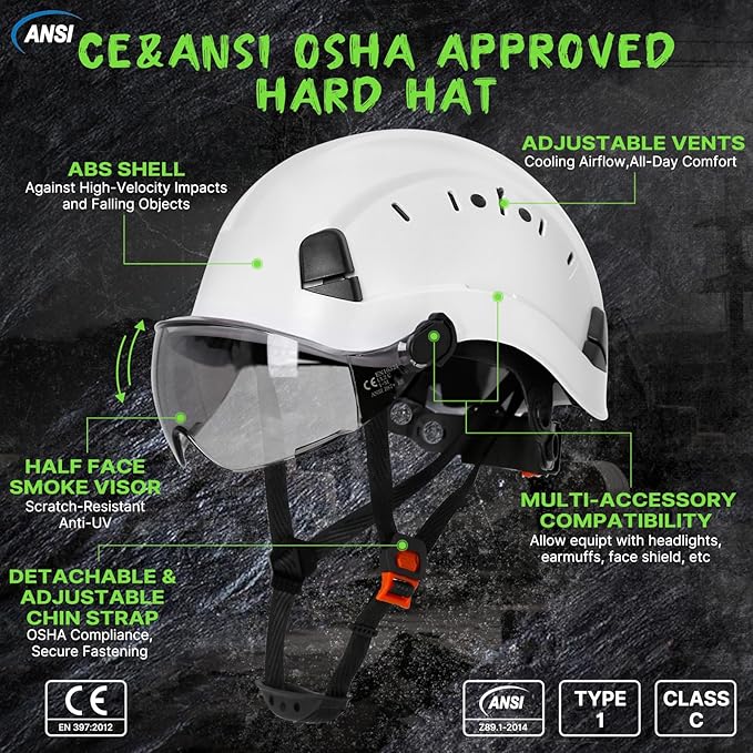 AOLAMEGS Construction Safety Hard Hat - ANSI Z89.1 Approved Safety Helmet with Visor & 50pcs Hard Hat Stickers Sliding Vented Hardhat for Men Women Adults Industrial Workwear Outdoor (Smoke Visor)-StrideForce Fitness