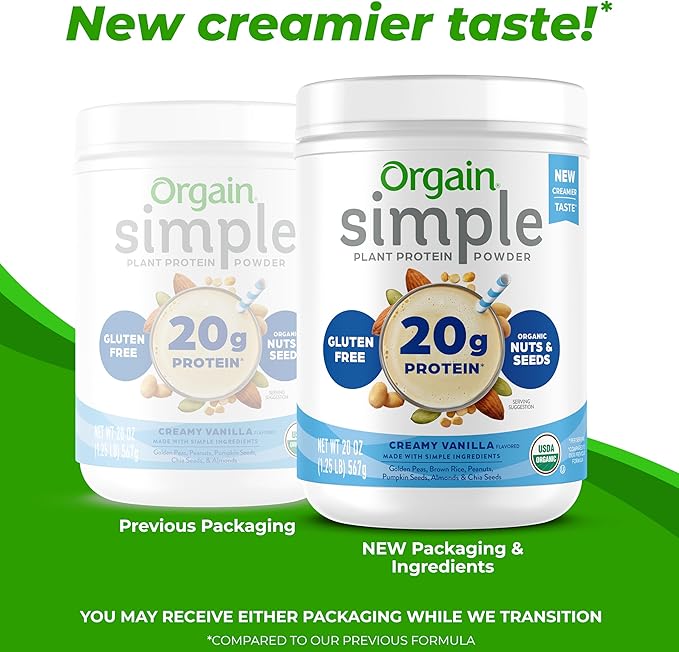 Orgain Organic Simple Vegan Protein Powder, Vanilla - 20g Plant Based Protein, Made with less Ingredients, No Artificial Sweeteners, Gluten Free, No Dairy or Lactose, 1.25 lb (Packaging May Vary)-StrideForce Fitness