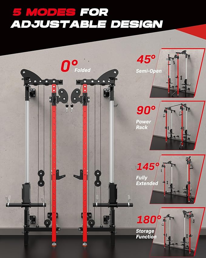 Folding Power Rack, Wall Mounted Squat Rack with Dual Independent Pulley System, Multi-Function Power Cage with 5 Adjustable Function Modes, Power Rack Trainer for Space Saving Home Gym-StrideForce Fitness