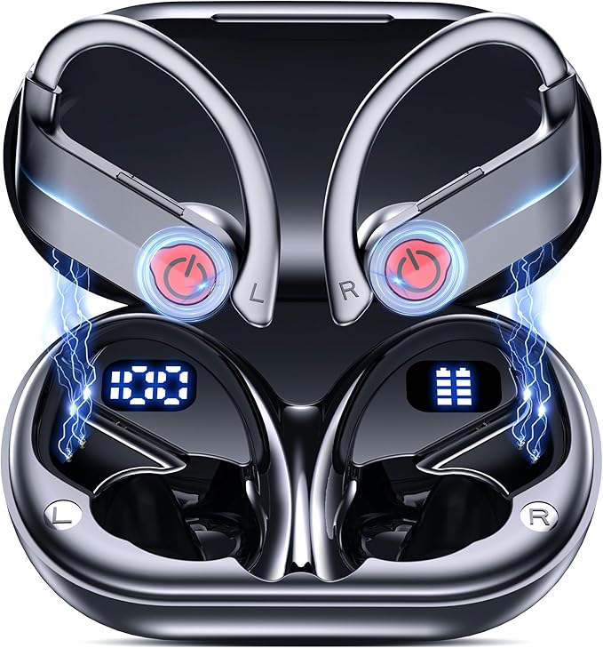 EUQQ Ear Buds Wireless Bluetooth Earbuds, Noise Cancelling Headphones 120H Playtime，IPX7 Waterproof Sports with Earhooks,LED Display Wireless Earphones for Running Gym Workout-Black-StrideForce Fitness