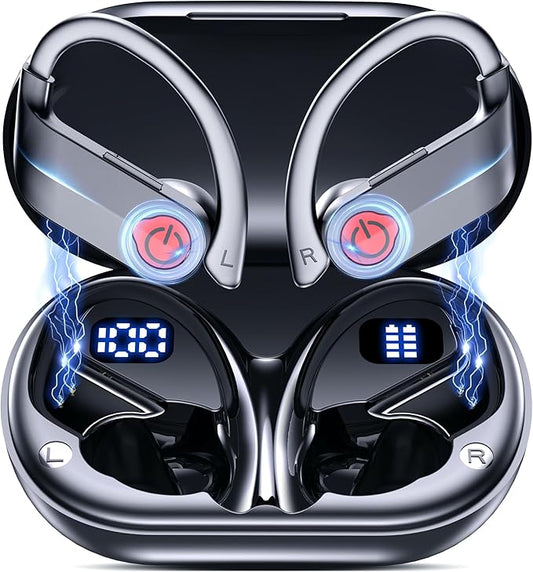 EUQQ Ear Buds Wireless Bluetooth Earbuds, Noise Cancelling Headphones 120H Playtime，IPX7 Waterproof Sports with Earhooks,LED Display Wireless Earphones for Running Gym Workout-Black-StrideForce Fitness