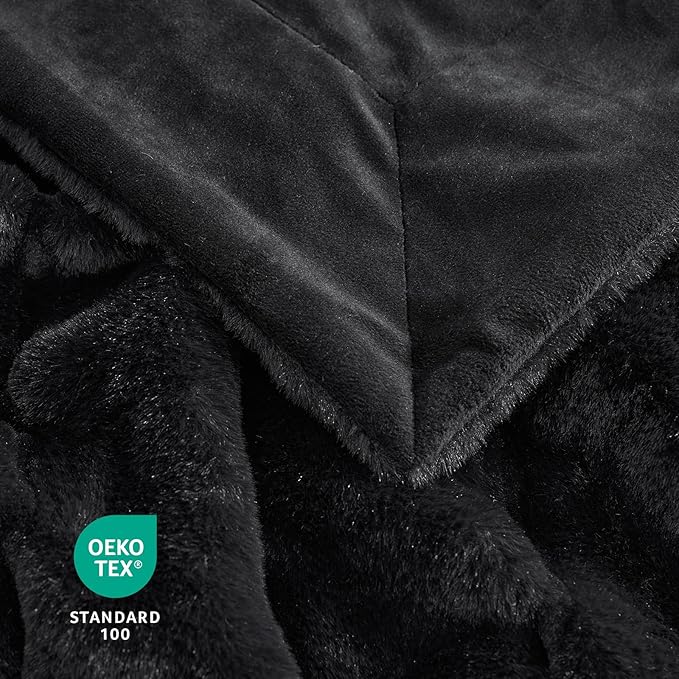 Cozy Bliss Faux Fur Throw Blanket for Couch, Cozy Warm Plush Striped Blanket for Sofa Bedroom Living Room, 90 * 90 Inches Black-StrideForce Fitness