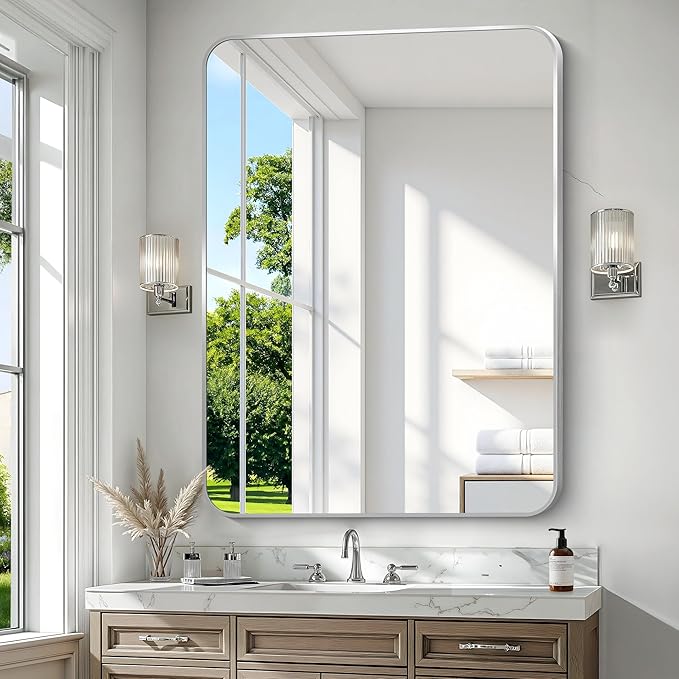 Silver Bathroom Mirror,36x48 inch Wall Mirror for Bathroom Wall Mounted,Rectangle Mirror for Bathroom Over Sink,Modern Frame Round Corner for Living Room,Bedroom Entryway,Horizontal/Vertical-StrideForce Fitness