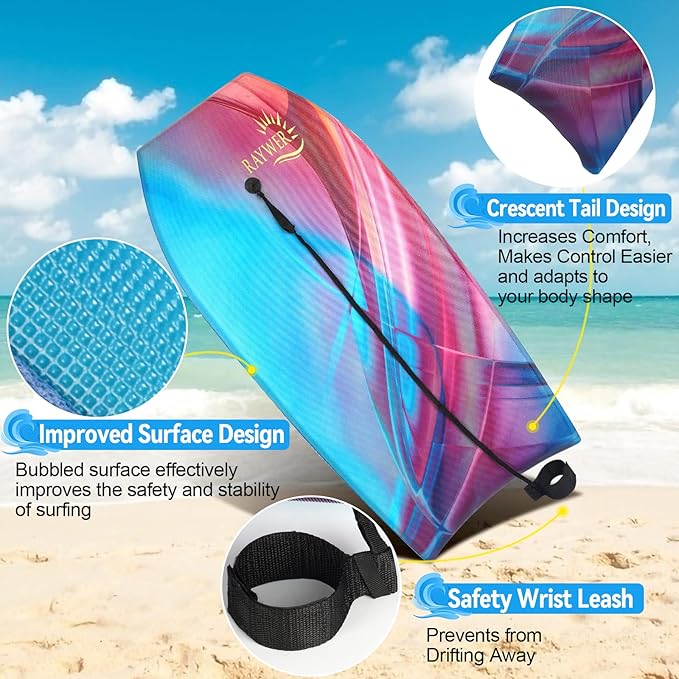 Body Board Lightweight with EPS Core, HDPE Slick Bottom, Leash & Adjustable Wrist Rope, Great Surfing for Kids and Adults-StrideForce Fitness