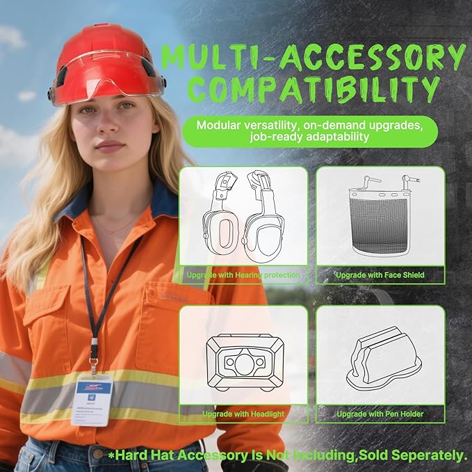 AOLAMEGS Hard Hats Construction OSHA Approved - ANSI Z89.1 Red Safety Hardhats, High Impact ABS Hardhat, Adjustable Vented Construction Worker Hat with Clear Visor, Cascos de Construccion-StrideForce Fitness