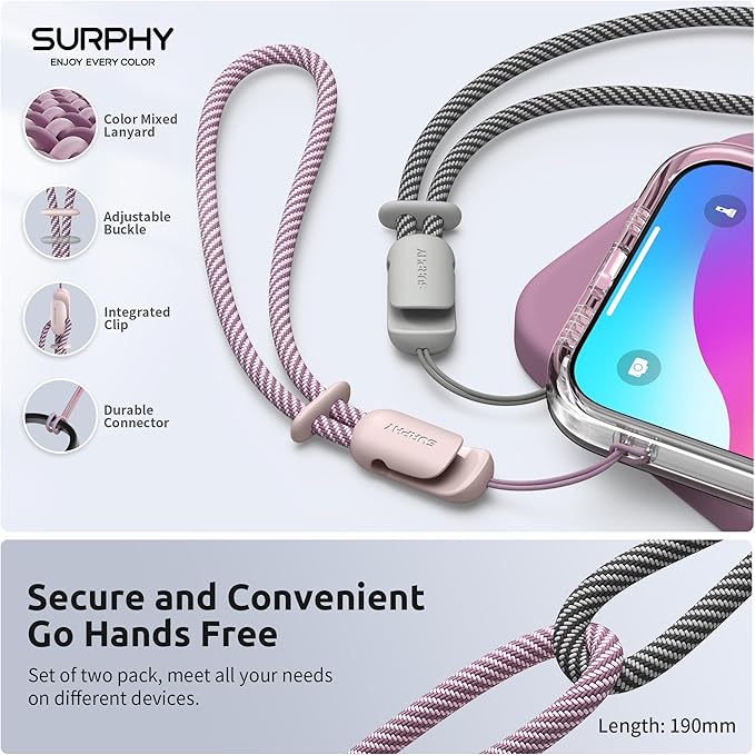 SURPHY 2 Pack Phone Lanyard for Cellphone Case, Phone Wrist Strap for Case, Cellphone Strap with 2-Color Braided, Charm Wrist Lanyard for Women and Men, Pink & Gray