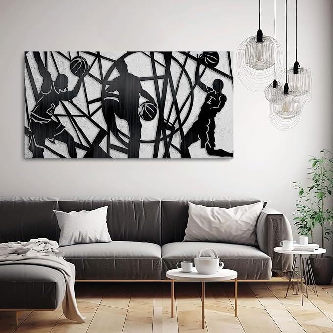 Large Sports Wall Art, Black and White Wall Art Basketball Poster Canvas Print Modern Pictures Paintings Ready to Hang Boys Teen Room Bedroom Home Office Gym Decor 29x58 IN-StrideForce Fitness