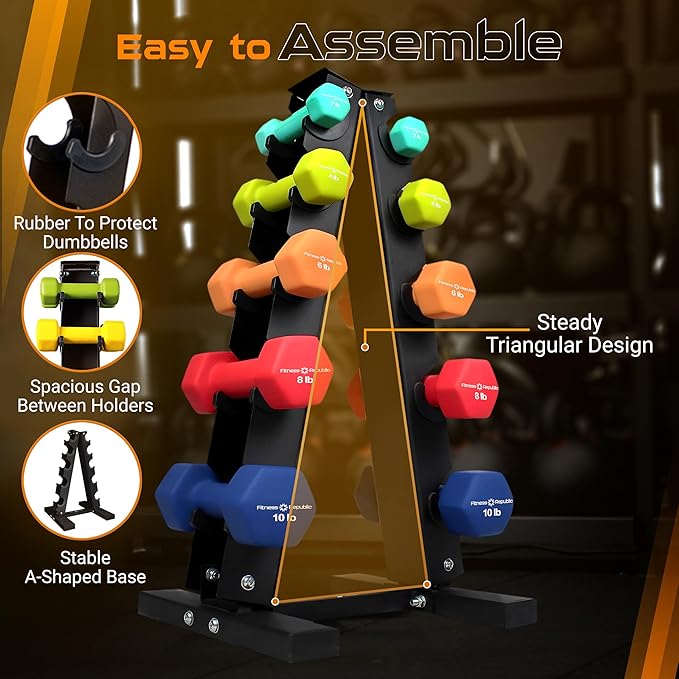 Neoprene Workout Dumbbell set with Rack 2.00MM - Non Slip, Anti Roll & Hex Shape - Fitness Dumbbells Combo, Space Saving Ideal for Home and Gym training-StrideForce Fitness