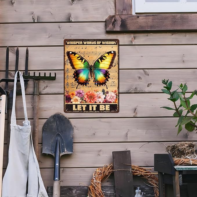 Vintage Garden Tin Sign Whisper Words Of Wisdom Let It Be Retro Butterfly Metal Poster Funny Wall Art Cafe Office Wall Decor for Kitchen Home Bar Pub Club 12 * 16inch-StrideForce Fitness