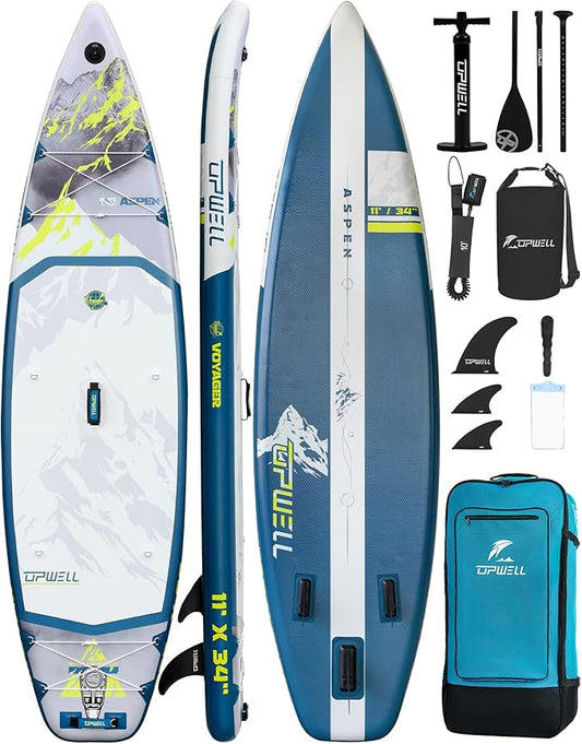 UPWELL 11’6”/11'2”/11'/10'8”/10'6”/10'2” Inflatable Stand Up Paddle Board with sup Accessories Including Backpack, Repairing Kits, Non-Slip Deck, Leash, 3 Fins, Paddle and Hand Pump-StrideForce Fitness