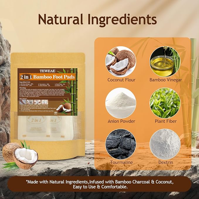 2 in 1 Foot Pads, 24Pads Bamboo Vinegar Coconut Shell Powder Feet Pads with ''Stay in Place'' Bigger Adhesive Sheet-StrideForce Fitness