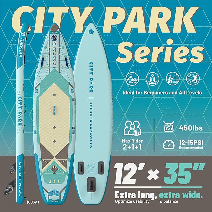 City Park 12'×35" Extra Wide Paddle Board with Seat, One-Stop Premium SUP Board Gears, Tailored 5 Fins, Stable Inflatable Stand Up Paddle Boards for Youth/Adults of All Levels-StrideForce Fitness