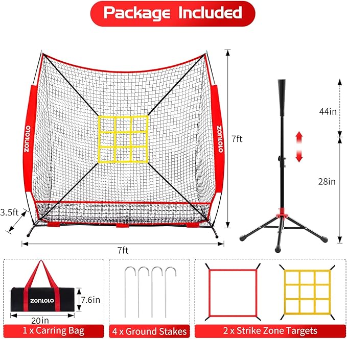 7x7 ft Baseball Net, Pitching & Batting Net with Batting Tee, Designed with Large Ball Collection System, 2 Strike Zones, Carry Bag, Baseball Softball Net for Batting Pitching Hitting and Throwing-StrideForce Fitness