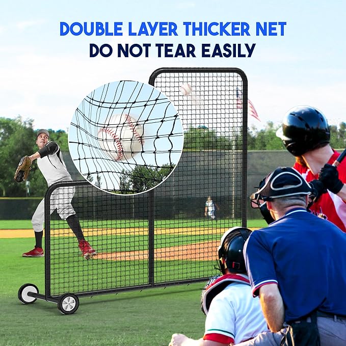 Yes4All Portable L-Screen Baseball 7x7ft with 2 Baseballs, Rubber Wheels - L Screen Baseball for Batting Cage, Protective Pitching Screen Net Double Layers, Carry Bag Included-StrideForce Fitness