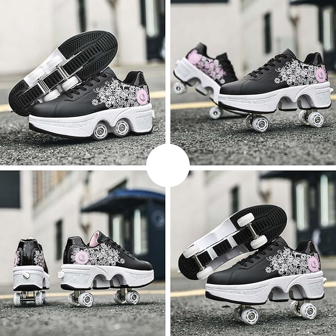 Roller Skate Shoes for Women Four Rounds Children's Roller Skates Shoes That Turn into Rollerskates Sneakers Outdoor Light Shoes with Wheels for Girls/Boys-StrideForce Fitness