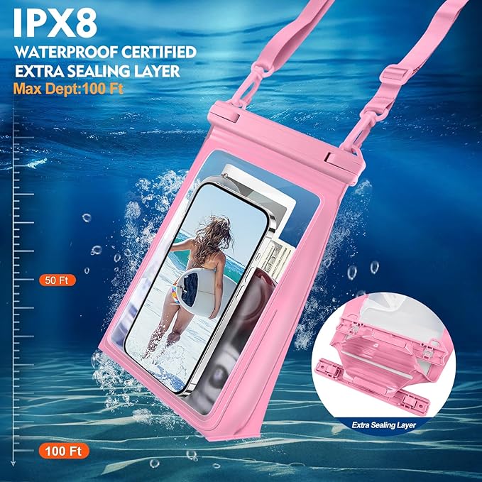 Large Waterproof Phone Pouch [with Sealing Strip], Cell Phone Dry Bag for iPhone 16 15 14 13 Pro Max Galaxy S25 S24 S23 All Devices, Floating Water Proof Bag for Beach Water Park Pink-StrideForce Fitness