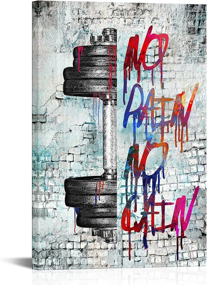iHAPPYWALL Vintage Inspirational Fitness Quotes Wall Art No Pain No Gain Dumbbells Gym Sport Picture for Home Bodybuilding Room Bedroom Decor Ready to Hang 24x36inch (Grey)-StrideForce Fitness