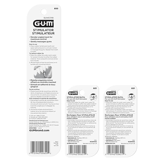 GUM Stimulator Permanent Handle - Long Handled Massager Remove Plaque & Promote Health (Handle + 2 Refill Packs)
